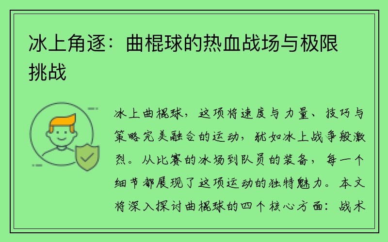 冰上角逐：曲棍球的热血战场与极限挑战