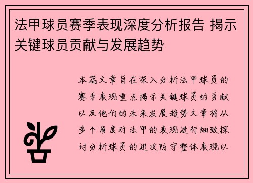 法甲球员赛季表现深度分析报告 揭示关键球员贡献与发展趋势